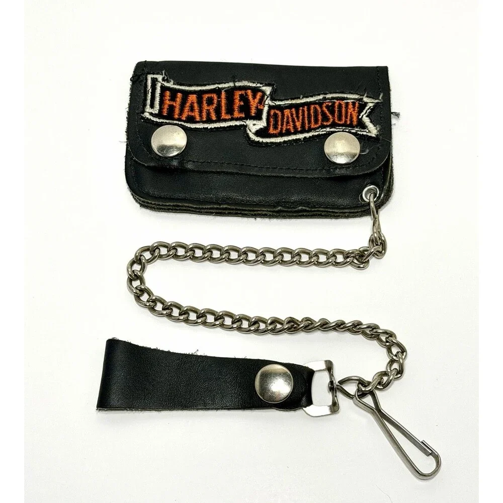 Vtg 80s Harley Davidson Leather Chain Wallet Black Biker Trucker Banner Patch